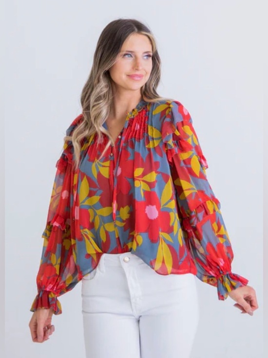 Karlie Tops - Karlie Evan Blue Ruffle Top with Red and Yellow Floral Print